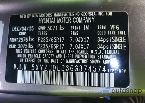 2016 Hyundai Santa Fe Sport 2.4L из США, поврежденный, VIN 5XYZUDLB3GG374574